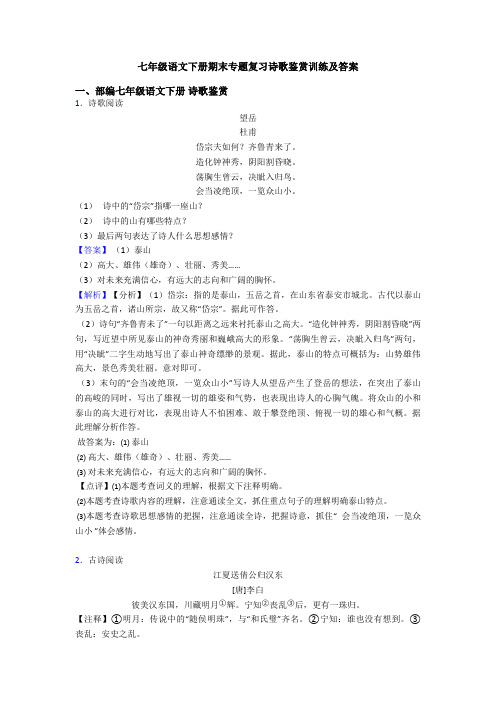 七年级语文下册期末专题复习诗歌鉴赏训练及答案