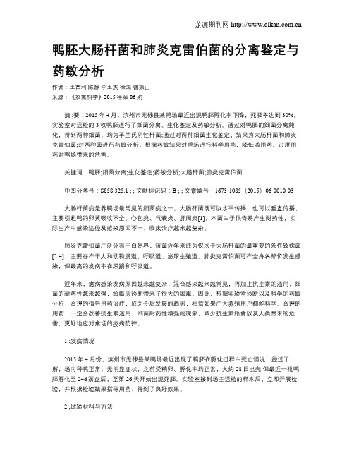 鸭胚大肠杆菌和肺炎克雷伯菌的分离鉴定与药敏分析