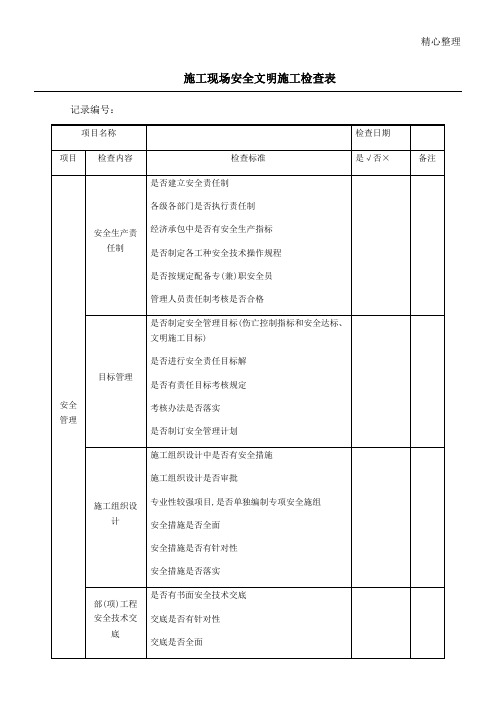 现场施工现场安全文明现场施工检查表格模板
