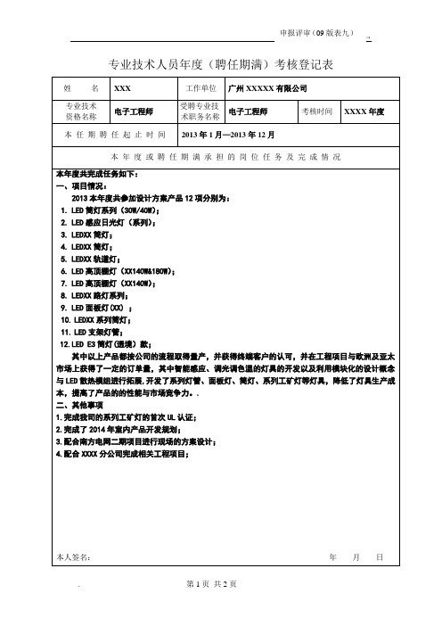 年度专业技术人员年度(任职期满)考核登记表范本