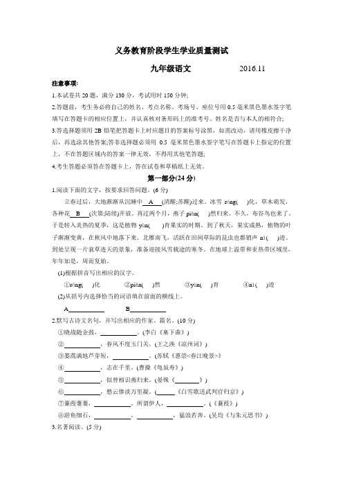 江苏省苏州市高新区2017届九年级上学期期中学业质量测试语文试题