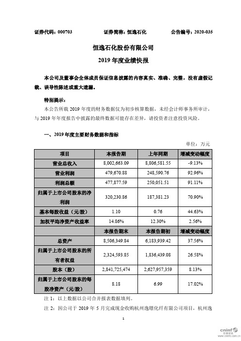 恒逸石化：2019年度业绩快报