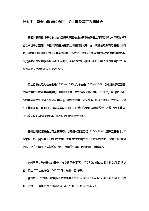 2014年2月27日叶大干(贵金属)+叶大干：黄金白银短线承压,关注耶伦第二次听证会