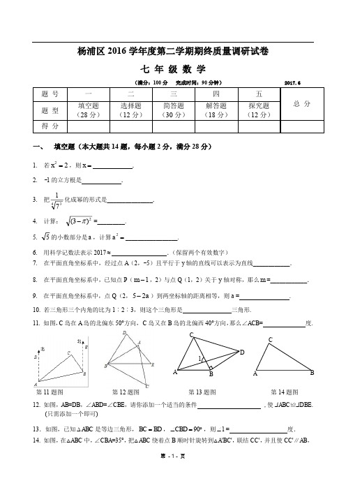 2016-2017年上海市杨浦区七下期末