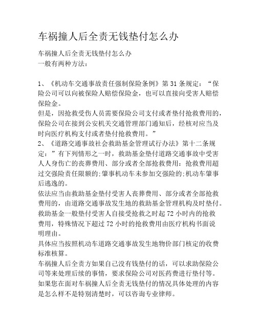车祸撞人后全责无钱垫付怎么办