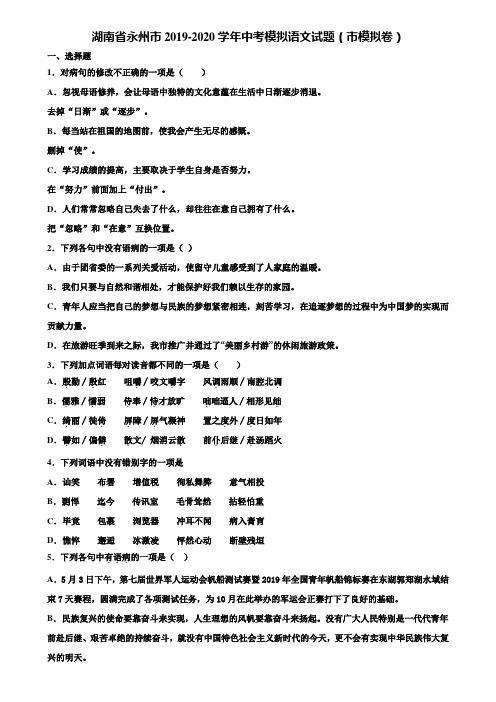 湖南省永州市2019-2020学年中考模拟语文试题(市模拟卷)含解析
