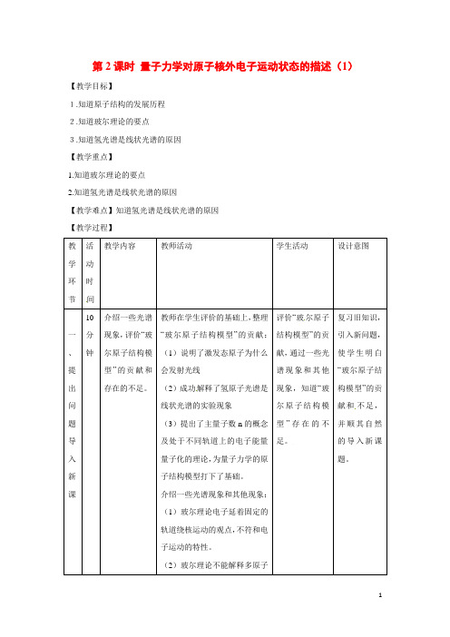 高中化学 第1章第1节 原子结构模型(第2课时量子力学对原子核外电子运动状态的描述)教案 鲁科版选修