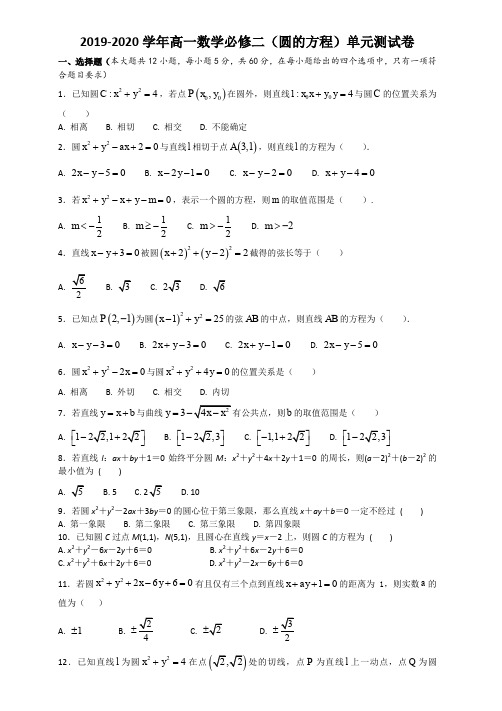 2019-2020学年高一数学必修二(圆的方程)单元测试卷及答案详解