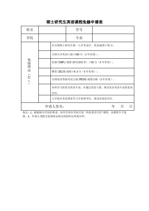 南京工业大学硕士研究生英语免听申请表