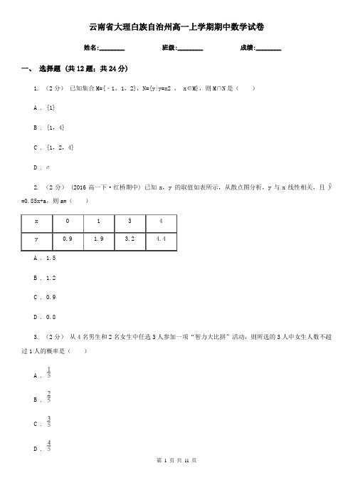 云南省大理白族自治州高一上学期期中数学试卷