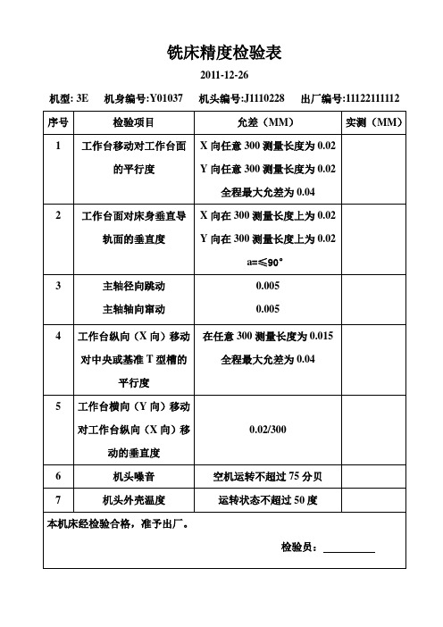 铣床精度检验表
