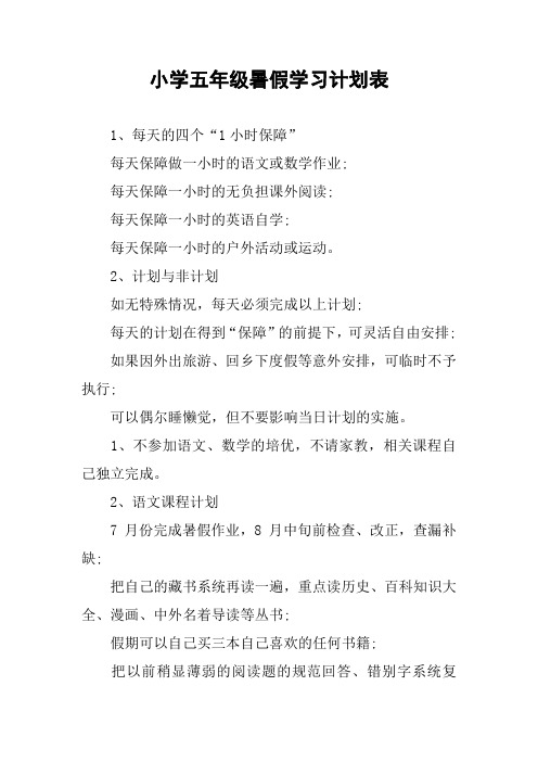 小学五年级暑假学习计划表