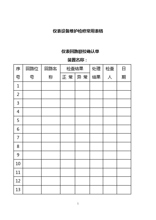 仪表设备维护检修常用表格