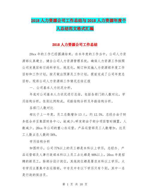 2018人力资源公司工作总结与2018人力资源年度个人总结范文格式汇编.doc