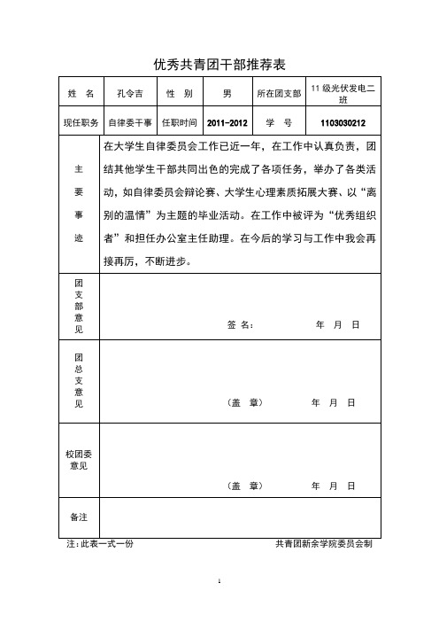 优秀共青团干部推荐表1