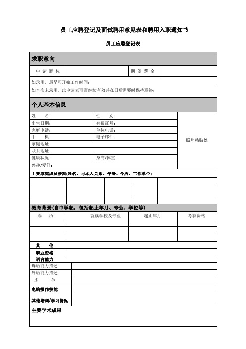 员工应聘登记及面试聘用意见表和聘用入职通知书