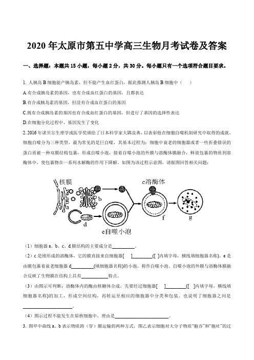 2020年太原市第五中学高三生物月考试卷及答案