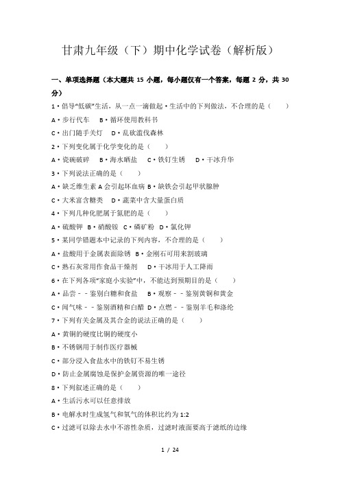 甘肃九年级(下)期中化学试卷(解析版)