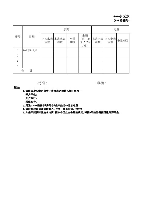 小区水电费费用通知单