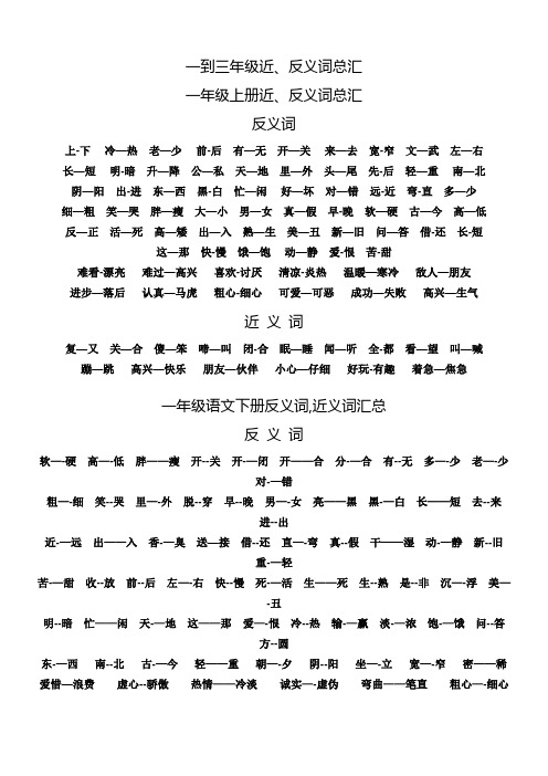 一到三年级语文近义词、反义词汇总
