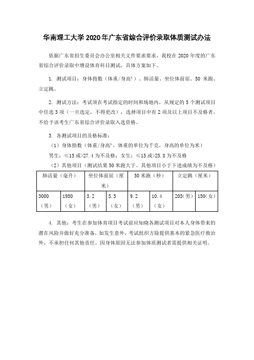 华南理工大学2020年广东省综合评价录取体质测试办法