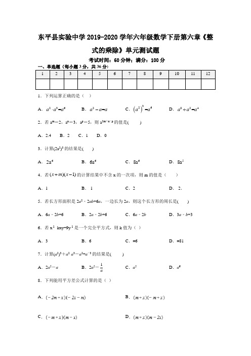 山东省东平县实验中学2019-2020学年六年级数学下册第六章《整式的乘除》单元测试题