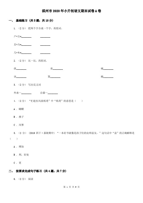 滨州市2020年小升初语文期末试卷A卷(新版)