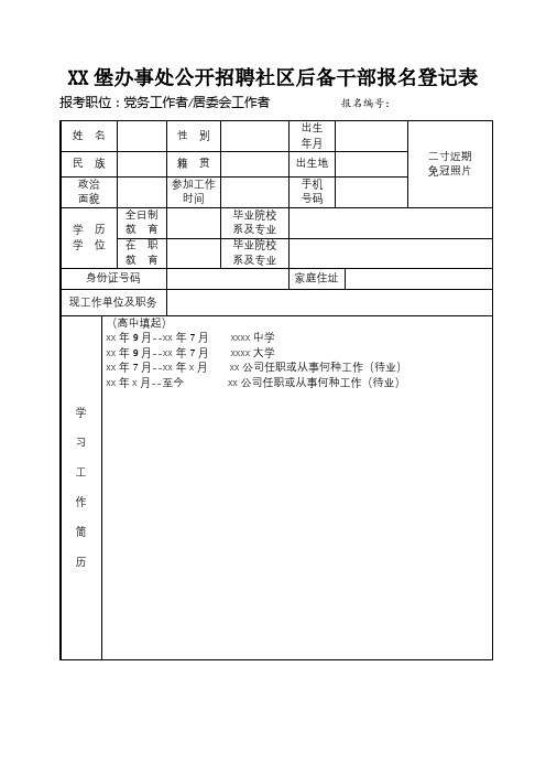 堡办事处公开招聘社区后备干部报名登记表【模板】