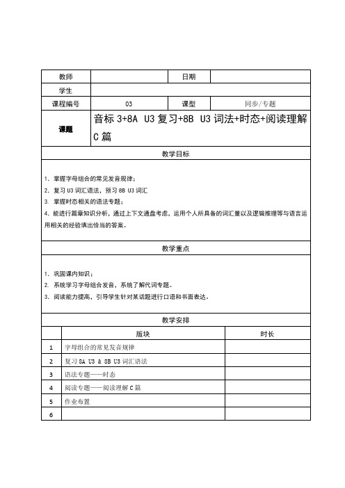 八年级英语寒假班(牛津版)—03—音标3—8A U3复习—8B U3单词预习—时态—阅读理解C篇