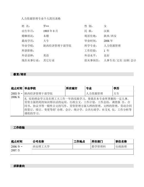 人力资源管理专业个人简历表格