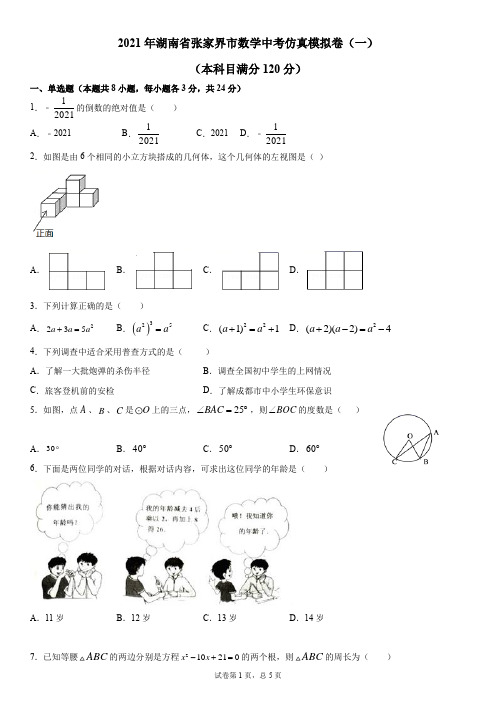 2021年湖南省张家界市九年级数学中考仿真模拟卷(一)