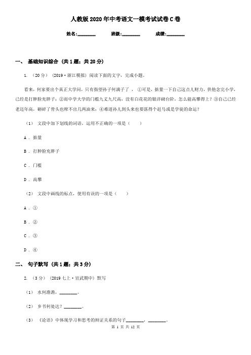 人教版2020年中考语文一模考试试卷C卷