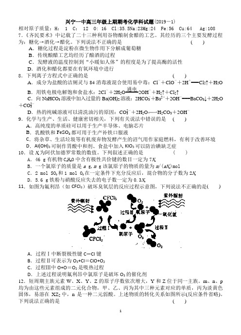 广东省兴宁市第一中学2019届高三上学期期末考试化学试题 (1)
