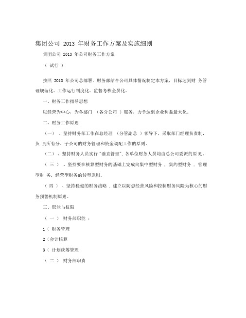 集团公司2013年财务工作方案及实施细则