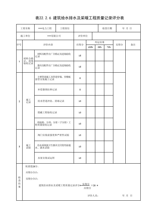 建筑给水排水及采暖工程质量记录评分表