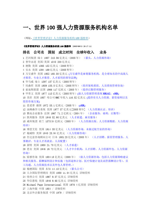 100强人力资源咨询公司资料