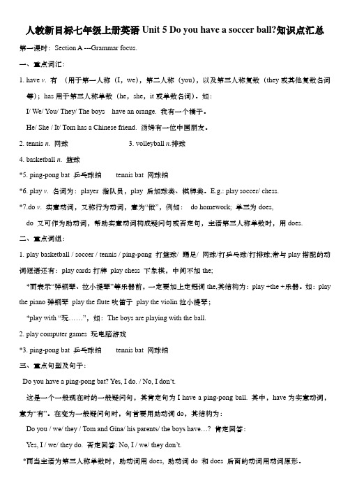 人教新目标七年级上册英语Unit 5 Do you have a soccer ball知识点汇总