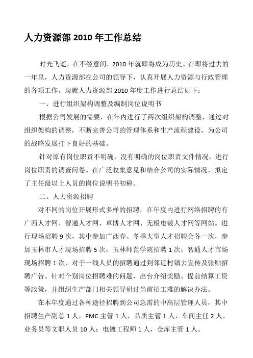 人力资源部2010年工作总结