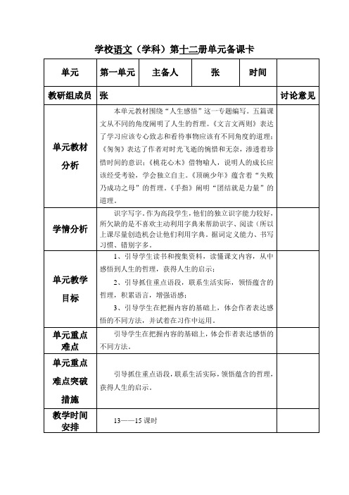 六年级下册语文单元备课卡第十二册单元备课卡