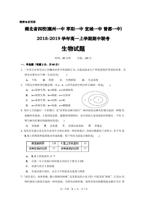 湖北省四校(襄州一中 枣阳一中 宜城一中 曾都一中)2018-2019学年高一上学期期中联考生物试题(word版)