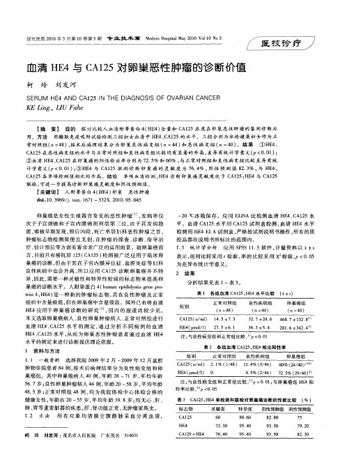 血清HE4与CA125对卵巢恶性肿瘤的诊断价值