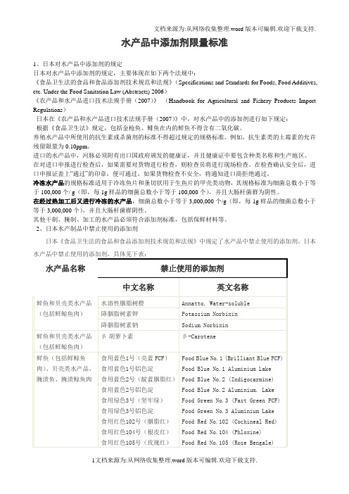水产品中添加剂限量标准