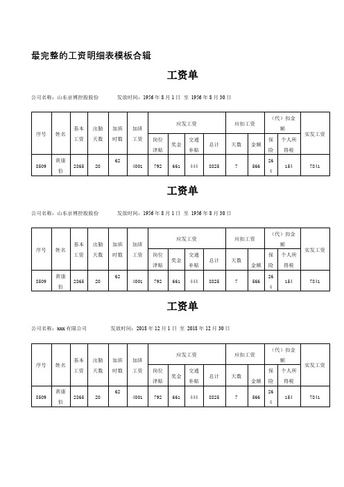 最完整的工资明细表模板合辑