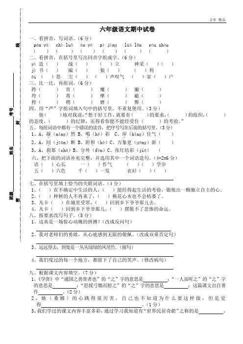 人教版小学六年级下册语文期中质量监测试题 (10)