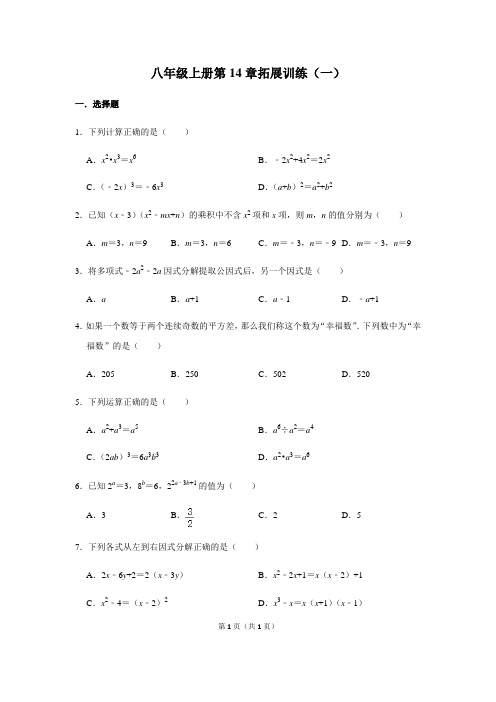 人教版数学八年级上册第14章   整式的乘法与因式的分解  拓展训练(一)