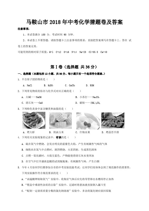 马鞍山市2018年中考化学猜题卷及答案