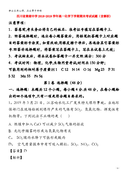 四川省棠湖中学2018_2019学年高一化学下学期期末考试试题含解析