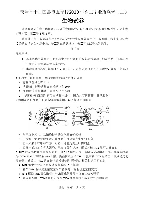 天津市十二区县重点学校2020届高三毕业班联考(二)生物试题(含答案)