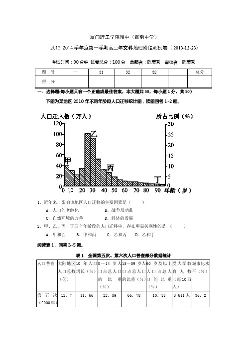 福建厦门市杏南中学高三上学期期中考试地理试题Word版含答案