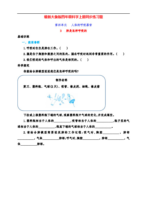 最新大象版四年级科学上册第4单元3、《肺是怎样呼吸的》同步练习(附答案)